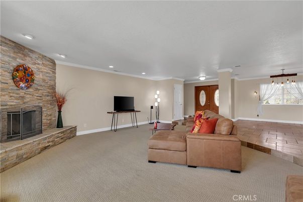 Fireplace, Interior, Living room, Recessed Lighting, Stone Walls