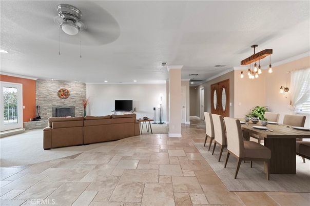 Dining room, Fireplace, Interior, Living room, Pendant Lights, Recessed Lighting, Stone Walls