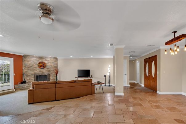 Fireplace, Interior, Living room, Pendant Lights, Recessed Lighting, Stone Walls