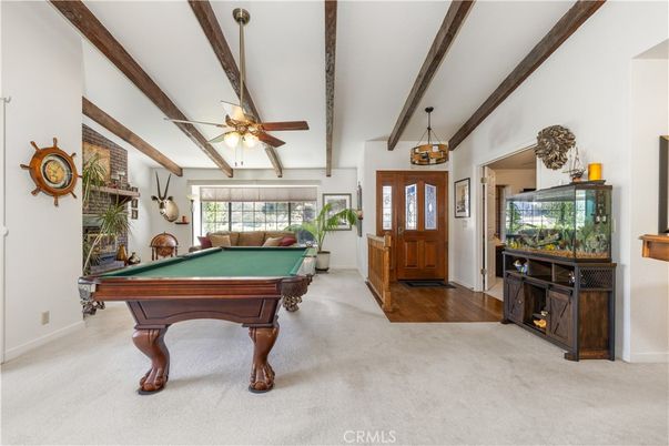 Billiard Table, Game Room, Interior, Pendant Lights, Wooden Beams, Wood Texture Flooring