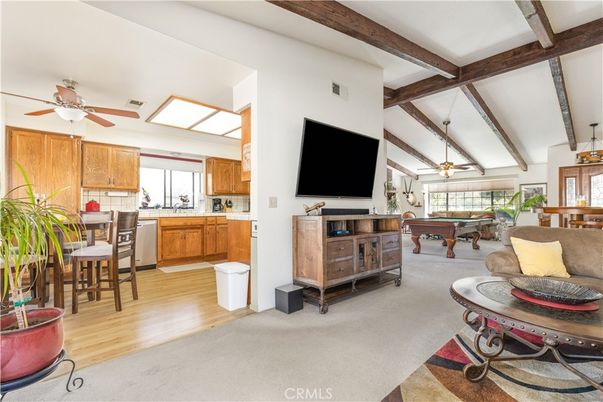 Billiard Table, Dining room, Game Room, Interior, Kitchen, Pendant Lights, Wooden Beams, Wood Texture Flooring