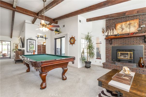 Billiard Table, Fireplace, Game Room, Interior, Stone Walls, Wooden Beams