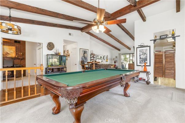 Billiard Table, Game Room, Interior, Stone Walls, Wooden Beams, Wood Texture Flooring