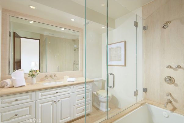 Bathroom, Glass Shower, Interior, Recessed Lighting, Wood Texture Flooring