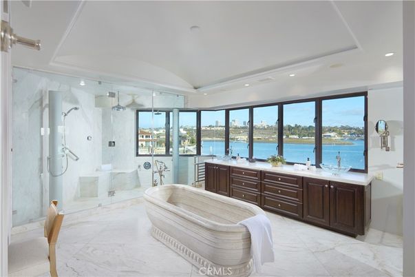 Bathroom, Glass Shower, Interior, Marble, Marble Walls, Recessed Lighting, Water