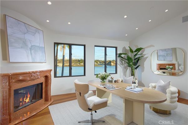 Fireplace, Home Office, Interior, Recessed Lighting, Water, Wood Texture Flooring