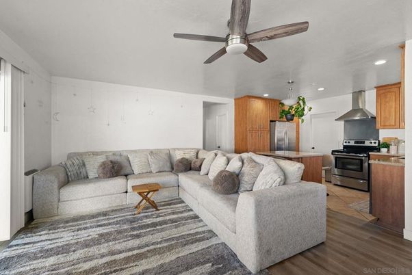 Interior, Kitchen, Living room, Recessed Lighting, Stainless Steel Appliances, Wood Texture Flooring