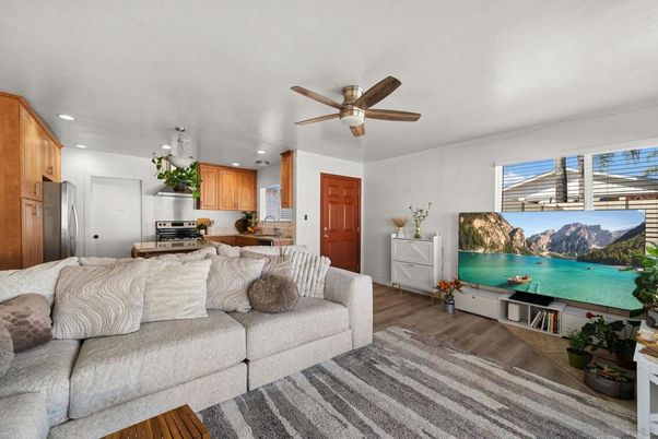 Interior, Kitchen, Living room, Recessed Lighting, Stainless Steel Appliances, Wood Texture Flooring
