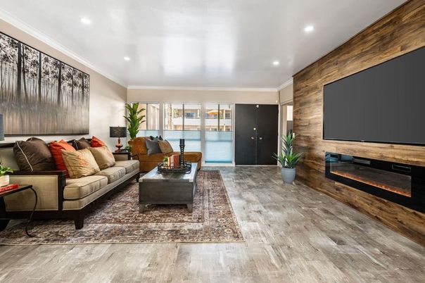 Fireplace, Interior, Living room, Recessed Lighting, Wood Texture Flooring, Wooden Walls