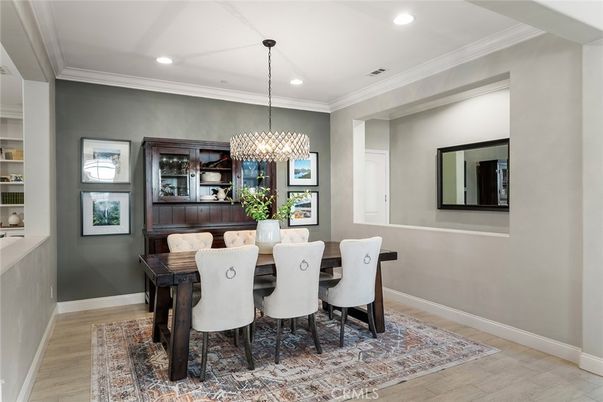 Chandelier, Dining room, Interior, Pendant Lights, Recessed Lighting, Wood Texture Flooring