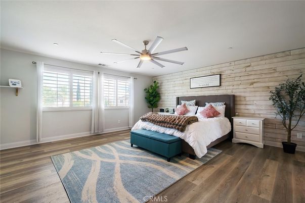 Bedroom, Interior, Recessed Lighting, Stone Walls, Wood Texture Flooring, Wooden Walls