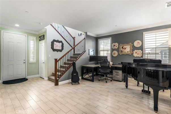Home Office, Interior, Piano, Recessed Lighting, Wood Texture Flooring