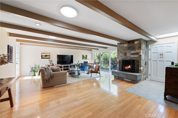 Fireplace, Interior, Living room, Recessed Lighting, Stone Walls, Wooden Beams, Wood Texture Flooring