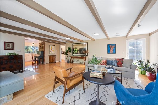 Dining room, Interior, Living room, Recessed Lighting, Wooden Beams, Wood Texture Flooring