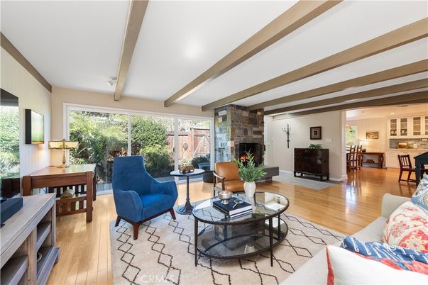Dining room, Fireplace, Interior, Living room, Stone Walls, Wooden Beams, Wood Texture Flooring
