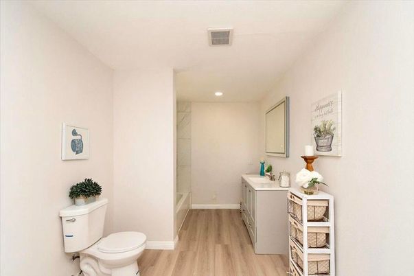 Bathroom, Interior, Recessed Lighting, Wood Texture Flooring