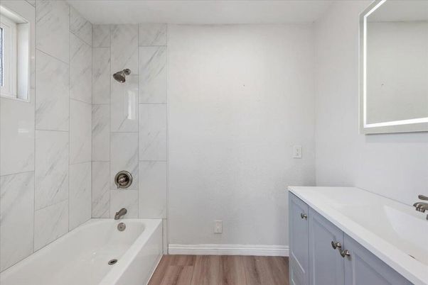Bathroom, Interior, Marble Walls, Wood Texture Flooring