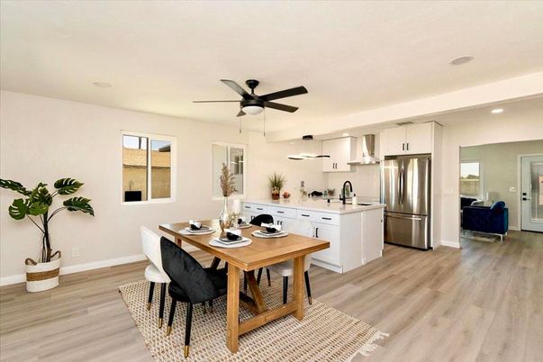 Dining room, Interior, Kitchen, Recessed Lighting, Stainless Steel Appliances, Wood Texture Flooring