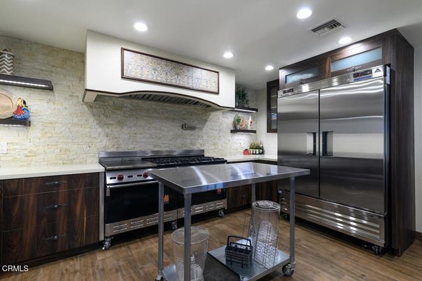 Interior, Kitchen, Recessed Lighting, Stainless Steel Appliances, Stone Walls, Wood Texture Flooring