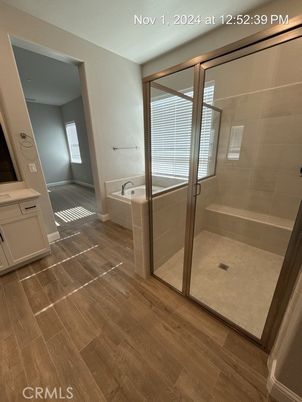 Bathroom, Glass Shower, Interior, Wood Texture Flooring