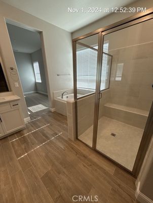 Bathroom, Glass Shower, Interior, Wood Texture Flooring