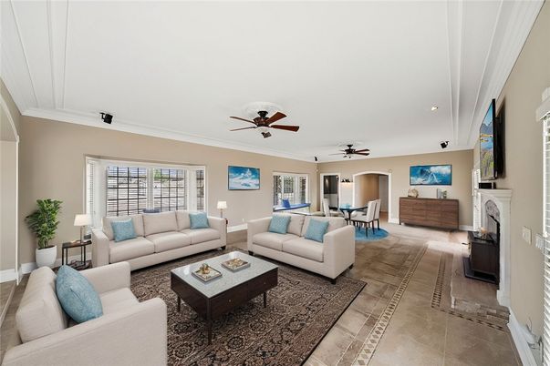 Dining room, Fireplace, Interior, Living room, Recessed Lighting