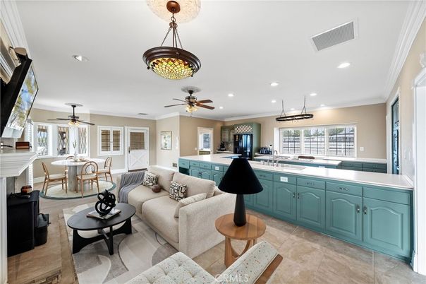 Dining room, Fireplace, Interior, Kitchen, Living room, Pendant Lights, Recessed Lighting