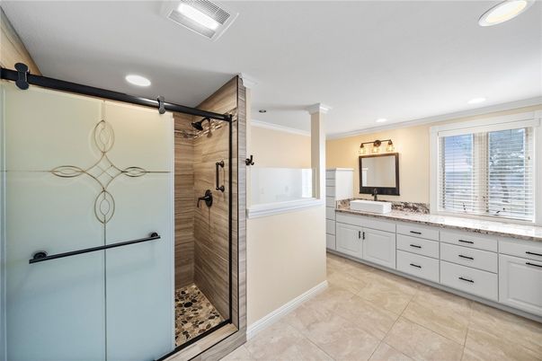 Bathroom, Dual Sink Vanities, Glass Shower, Interior, Recessed Lighting