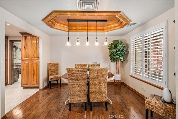 Dining room, Interior, Pendant Lights, Recessed Lighting, Wood Texture Flooring