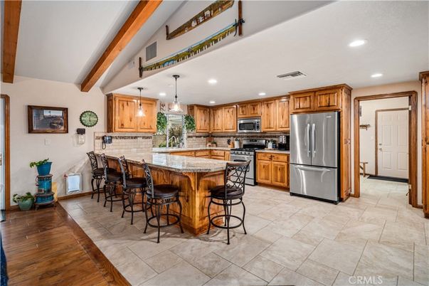 Interior, Kitchen, Pendant Lights, Recessed Lighting, Stainless Steel Appliances, Wooden Beams