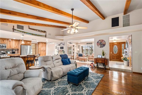 Interior, Kitchen, Living room, Pendant Lights, Recessed Lighting, Stainless Steel Appliances, Wooden Beams, Wood Texture Flooring