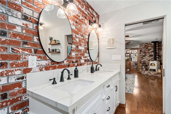 Bathroom, Dual Sink Vanities, Interior, Stone Walls, Wood Texture Flooring
