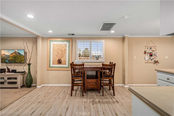 Dining room, Interior, Recessed Lighting, Wood Texture Flooring