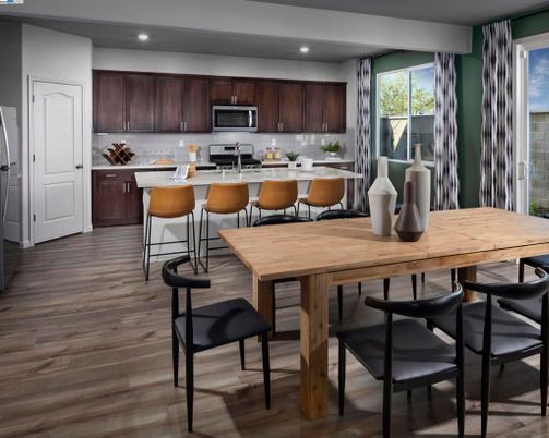 Dining room, Interior, Kitchen, Recessed Lighting, Stainless Steel Appliances, Wood Texture Flooring