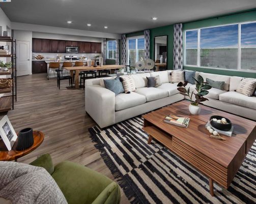 Dining room, Interior, Kitchen, Living room, Recessed Lighting, Wood Texture Flooring