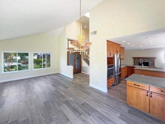 Chandelier, Interior, Kitchen, Pendant Lights, Recessed Lighting, Wood Texture Flooring