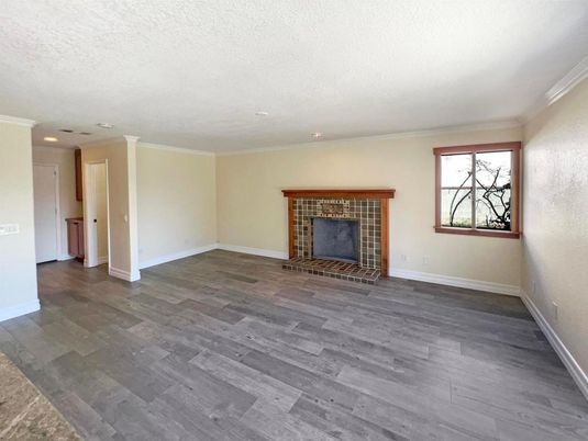 Empty room, Fireplace, Interior, Recessed Lighting, Wood Texture Flooring