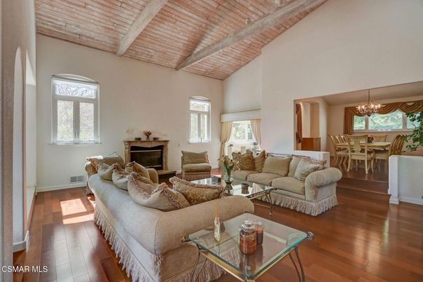 Chandelier, Dining room, Fireplace, Interior, Living room, Wooden Beams, Wooden Ceilings, Wood Texture Flooring