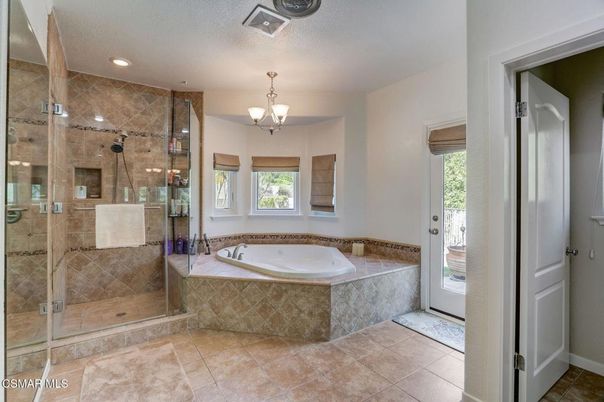 Bathroom, Chandelier, Glass Shower, Interior, Recessed Lighting