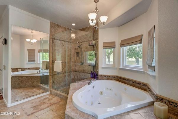 Bathroom, Chandelier, Glass Shower, Interior, Pendant Lights, Recessed Lighting