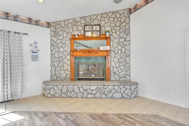 Fireplace, Interior, Recessed Lighting, Stone Walls