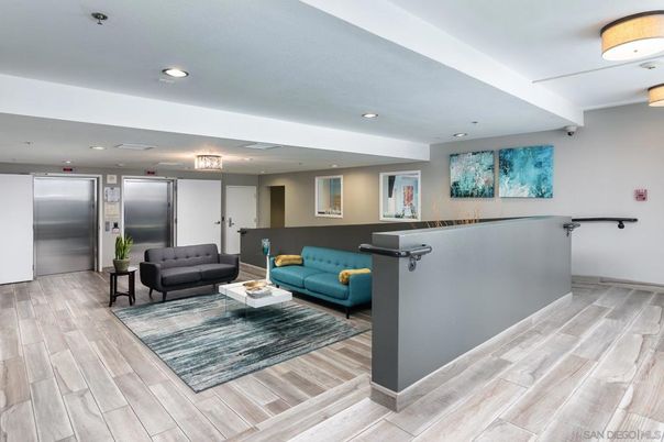 Elevator, Interior, Living room, Recessed Lighting, Wood Texture Flooring