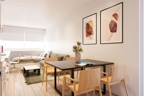 Dining room, Interior, Living room, Recessed Lighting, Wood Texture Flooring