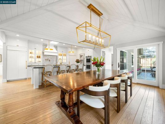 Dining room, Interior, Kitchen, Pendant Lights, Recessed Lighting, Stainless Steel Appliances, Wood Texture Flooring