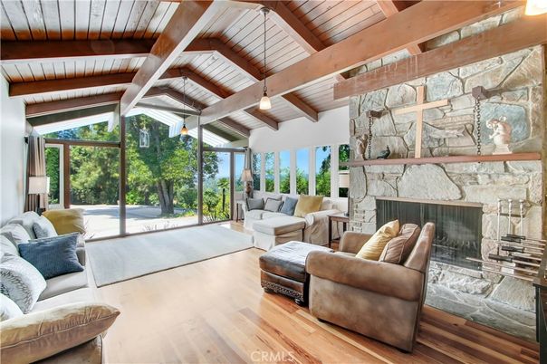 Fireplace, Interior, Living room, Pendant Lights, Stone Walls, Wooden Beams, Wooden Ceilings, Wood Texture Flooring