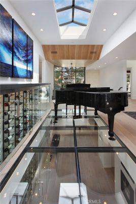 Glass Ceilings, Interior, Piano, Recessed Lighting, Wine Storage, Wood Texture Flooring