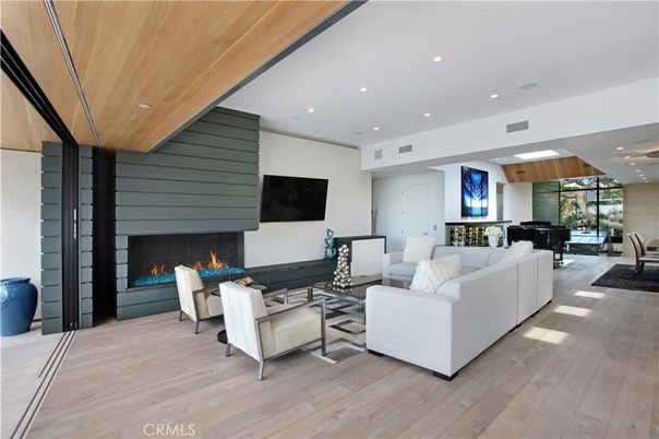 Dining room, Fireplace, Interior, Living room, Pendant Lights, Piano, Recessed Lighting, Wooden Ceilings, Wood Texture Flooring