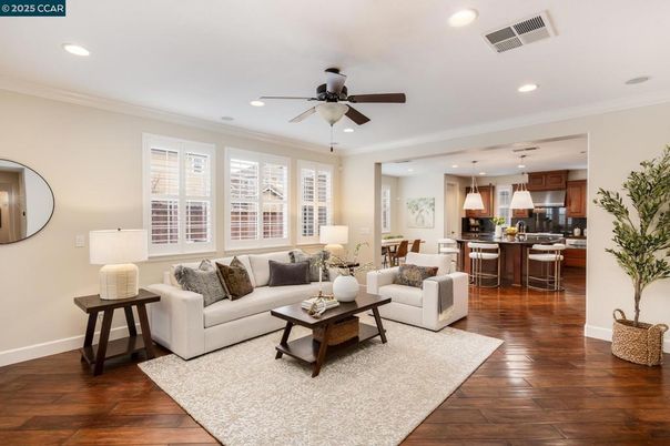 Dining room, Interior, Kitchen, Living room, Pendant Lights, Recessed Lighting, Stainless Steel Appliances, Wood Texture Flooring