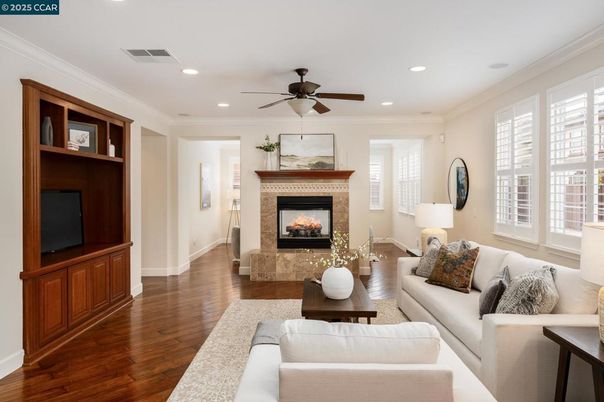 Fireplace, Interior, Living room, Recessed Lighting, Wood Texture Flooring