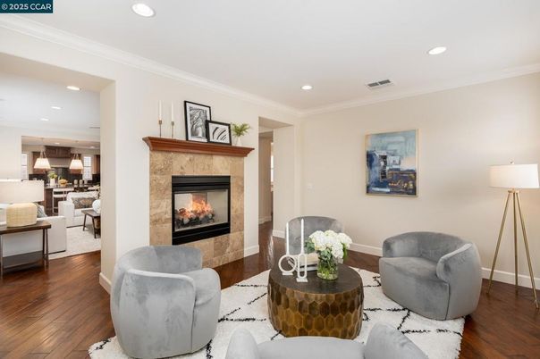 Fireplace, Interior, Kitchen, Living room, Pendant Lights, Recessed Lighting, Wood Texture Flooring